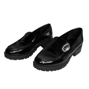 Old navy black faux Leather loafer Chunky Heel preppy dark academia goth Y2K